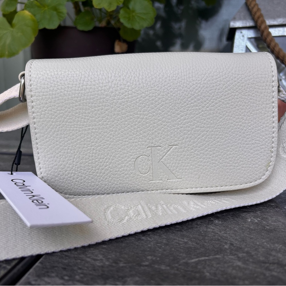 Calvin Klein White Pebbled Leather Crossbody Bag